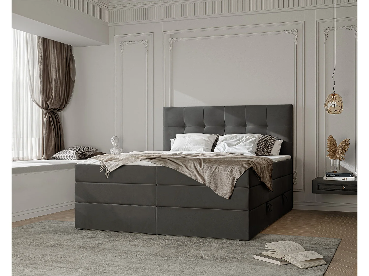 Lit continental rembourré avec surmatelas, gris anthracite - 180x200 - AZARIO