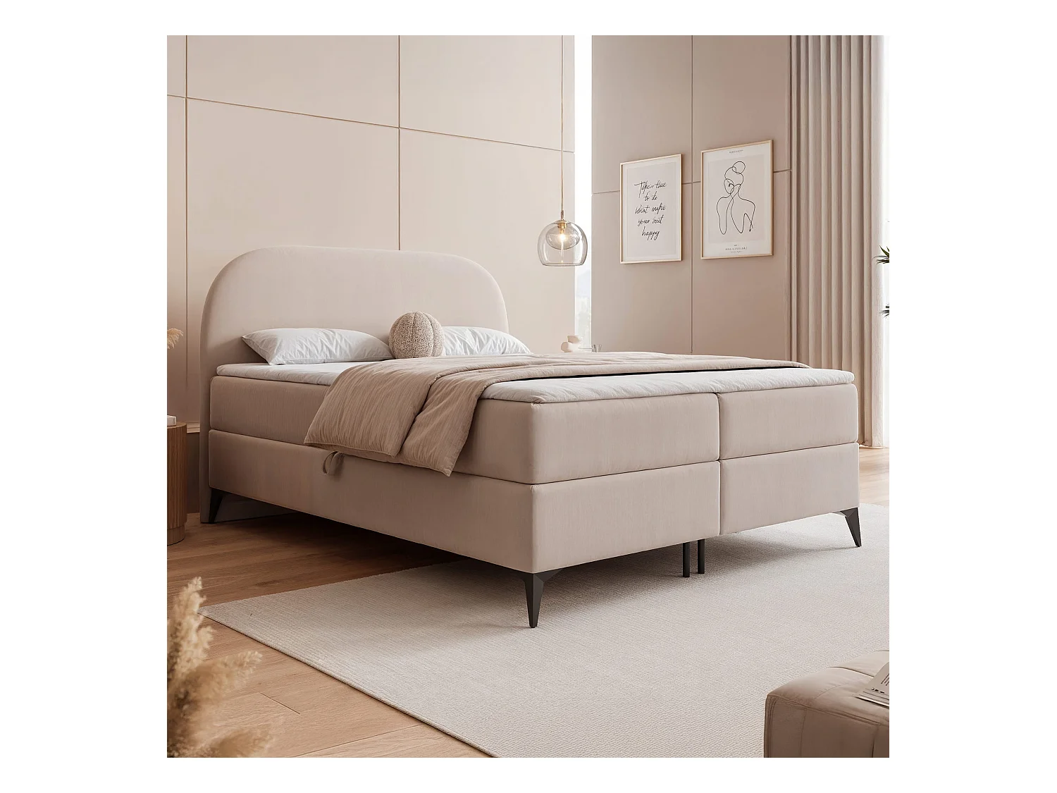 Lit continental rembourré sur pieds avec surmatelas, crème- 180x200 - NOELIA
