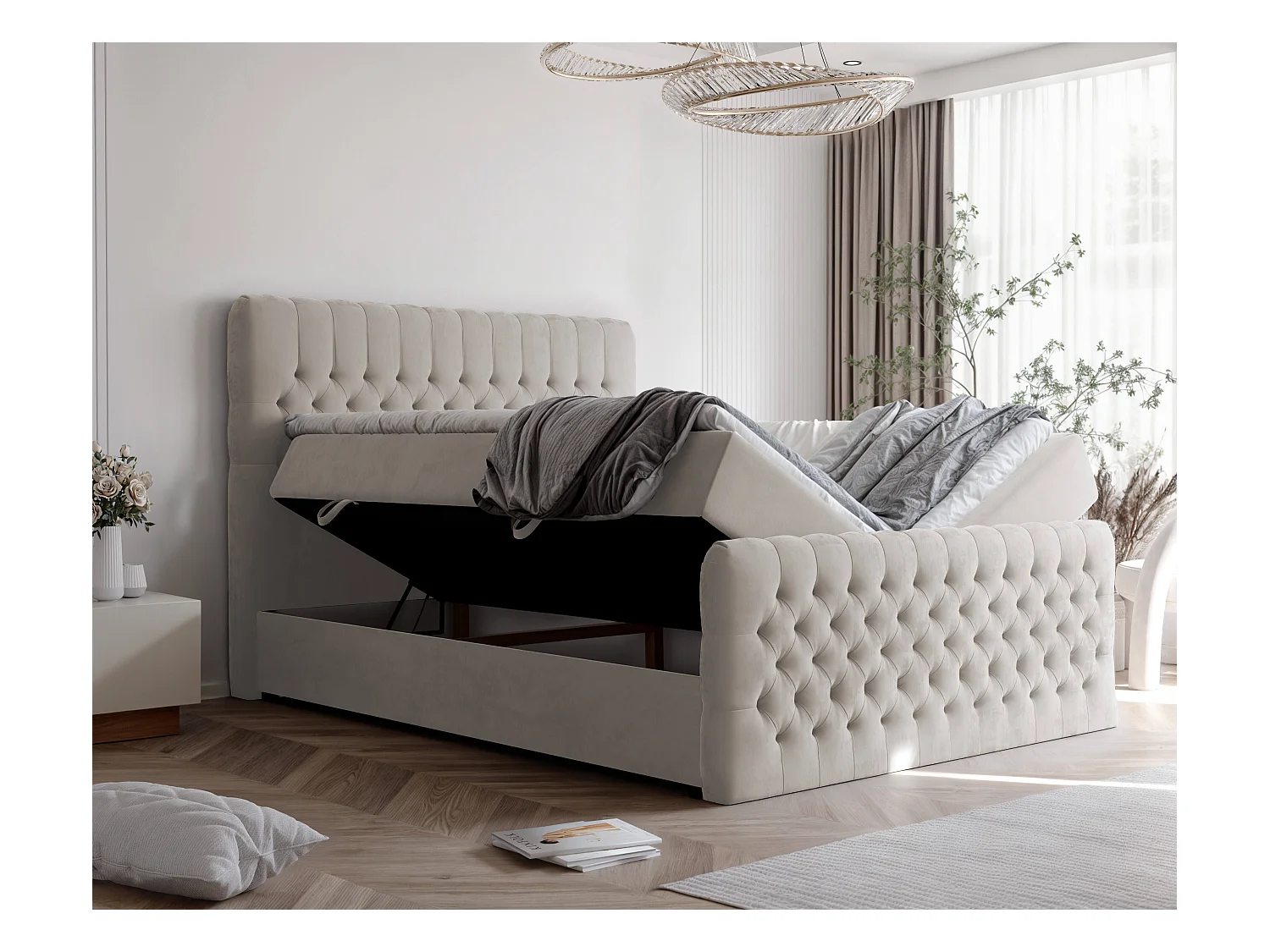 Lit continental rembourré avec matelas, beige - 160x200