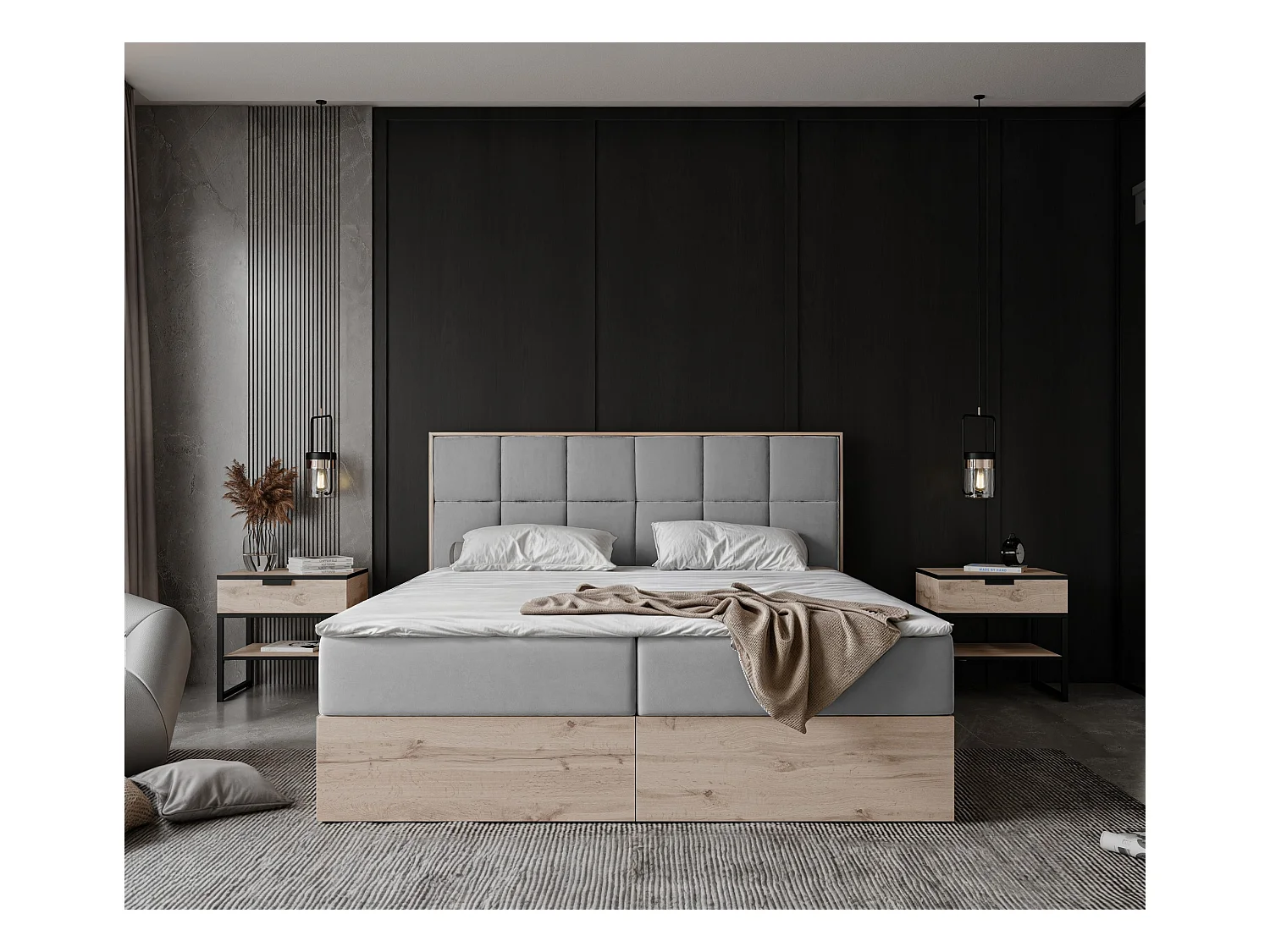 Lit continental rembourré avec surmatelas, gris - 140x200 - LAVIO II