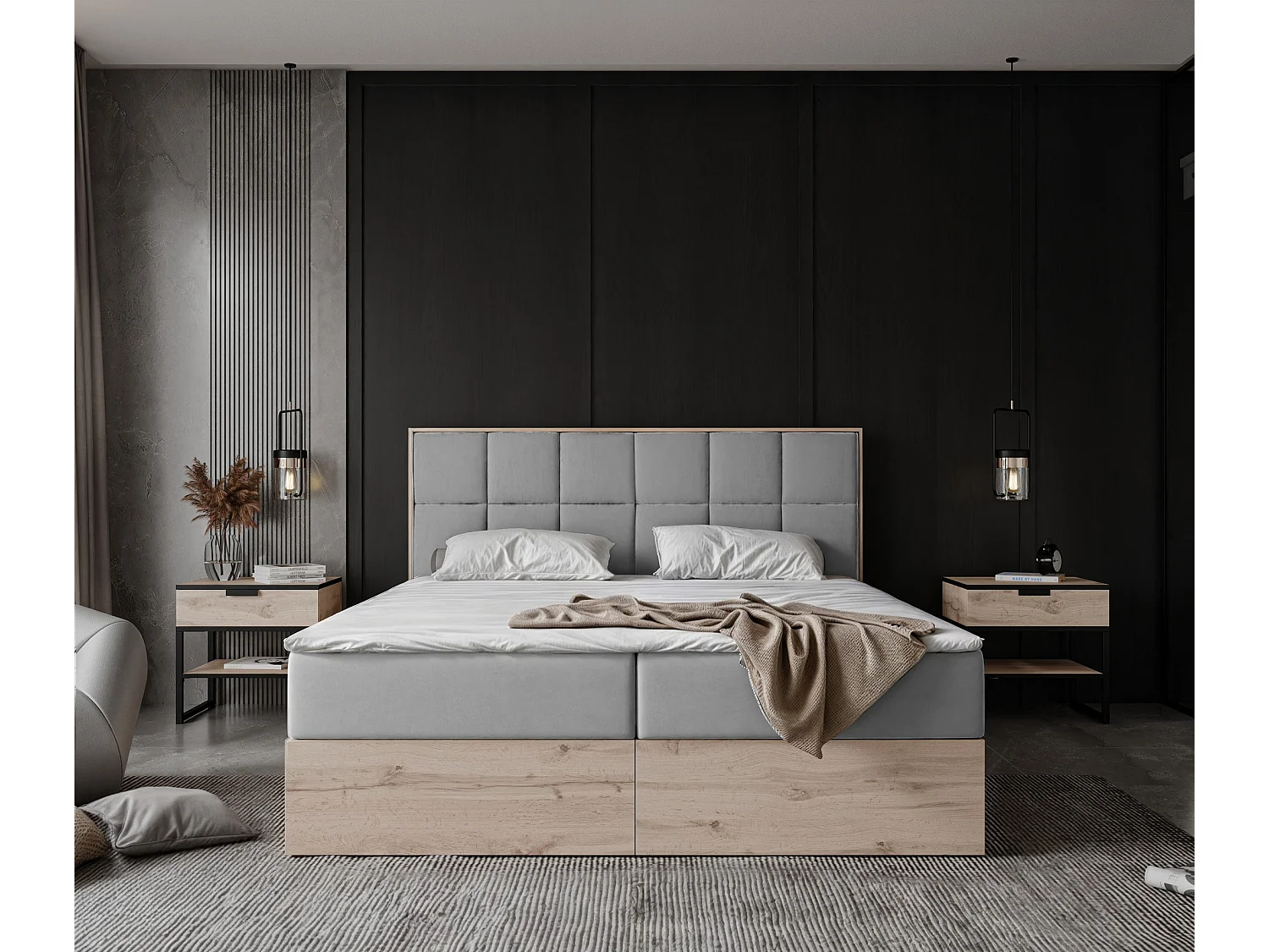 Lit continental rembourré avec surmatelas, gris - 140x200 - LAVIO II