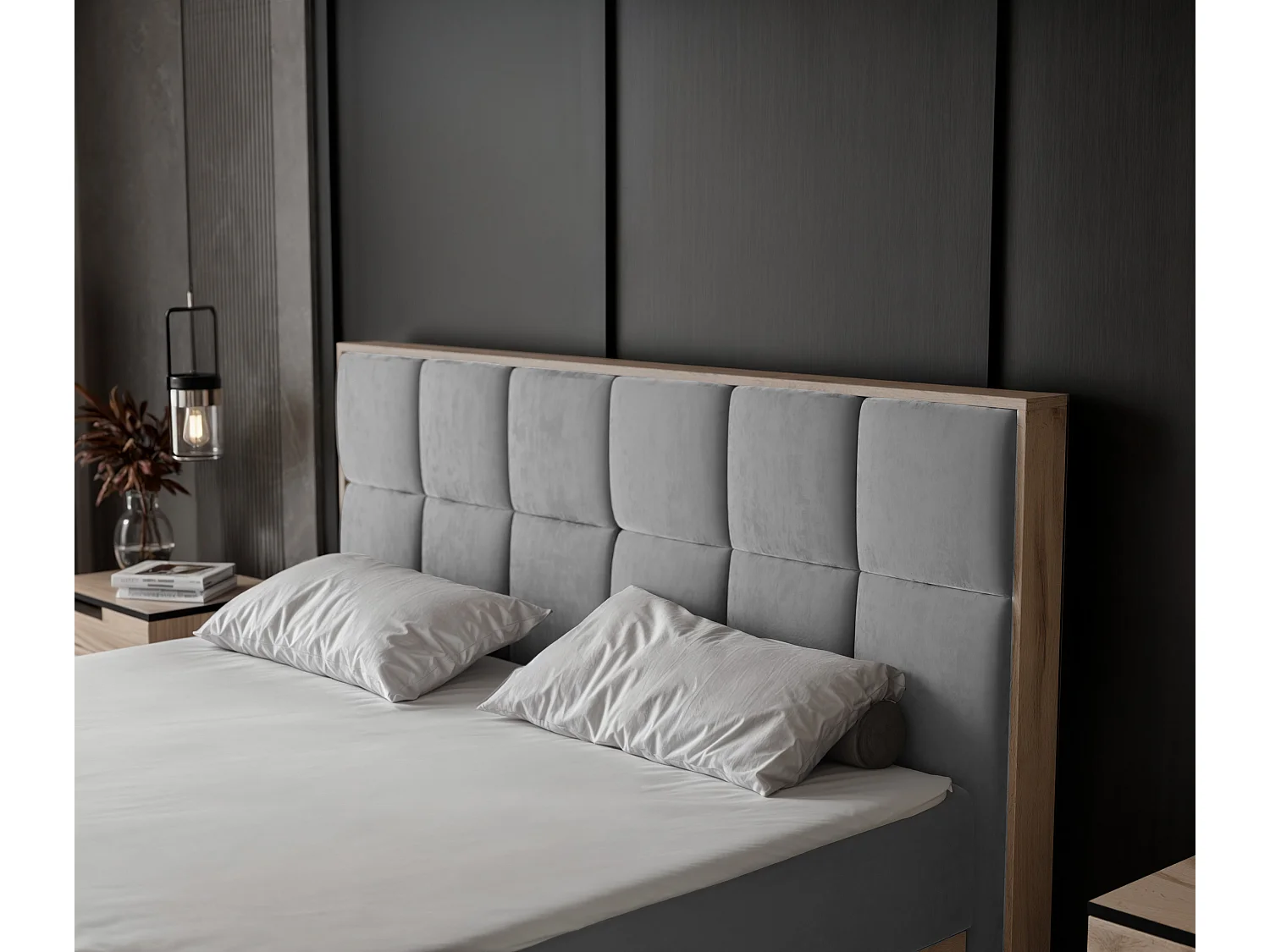 Lit continental rembourré avec surmatelas, gris - 140x200 - LAVIO II