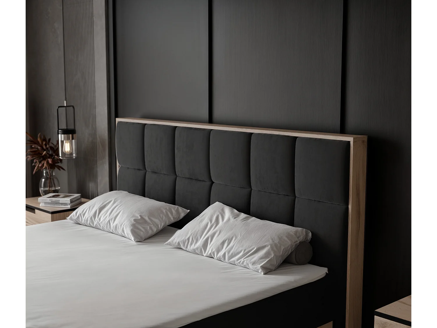 Lit continental rembourré avec surmatelas, noir - 140x200 - LAVIO II