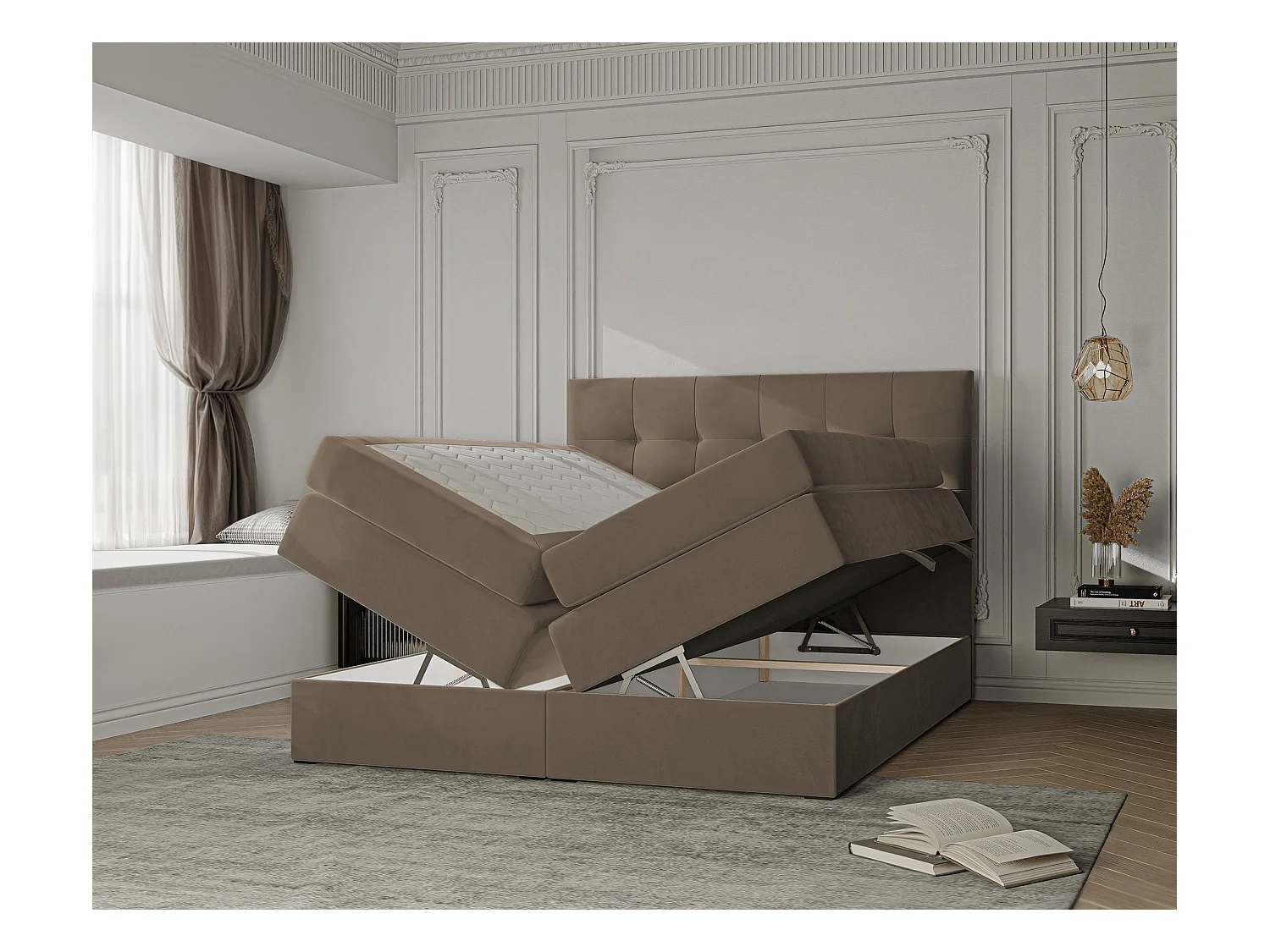 Lit continental rembourré avec surmatelas, marron - 180x200 - AZARIO