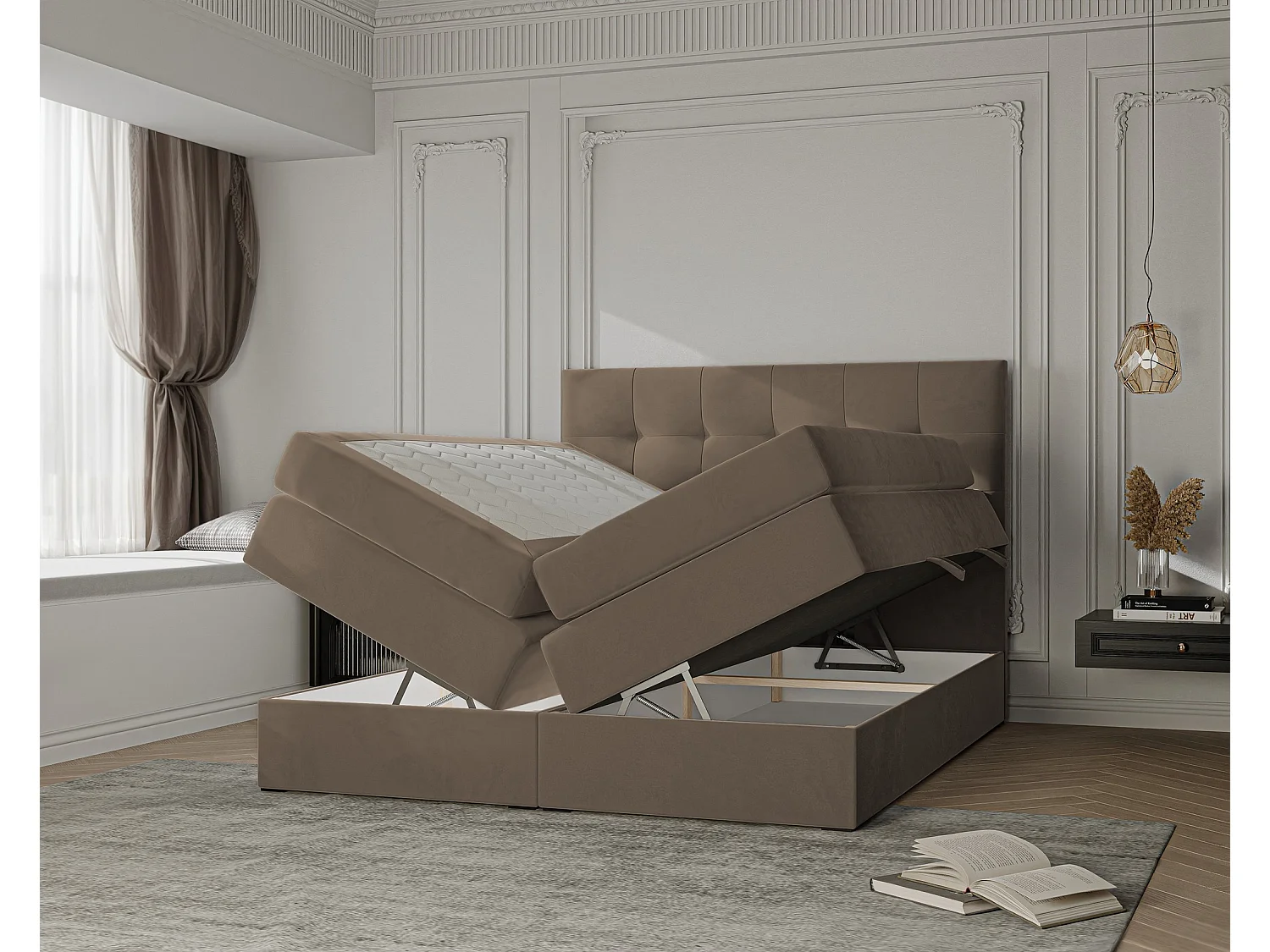 Lit continental rembourré avec surmatelas, marron - 180x200 - AZARIO