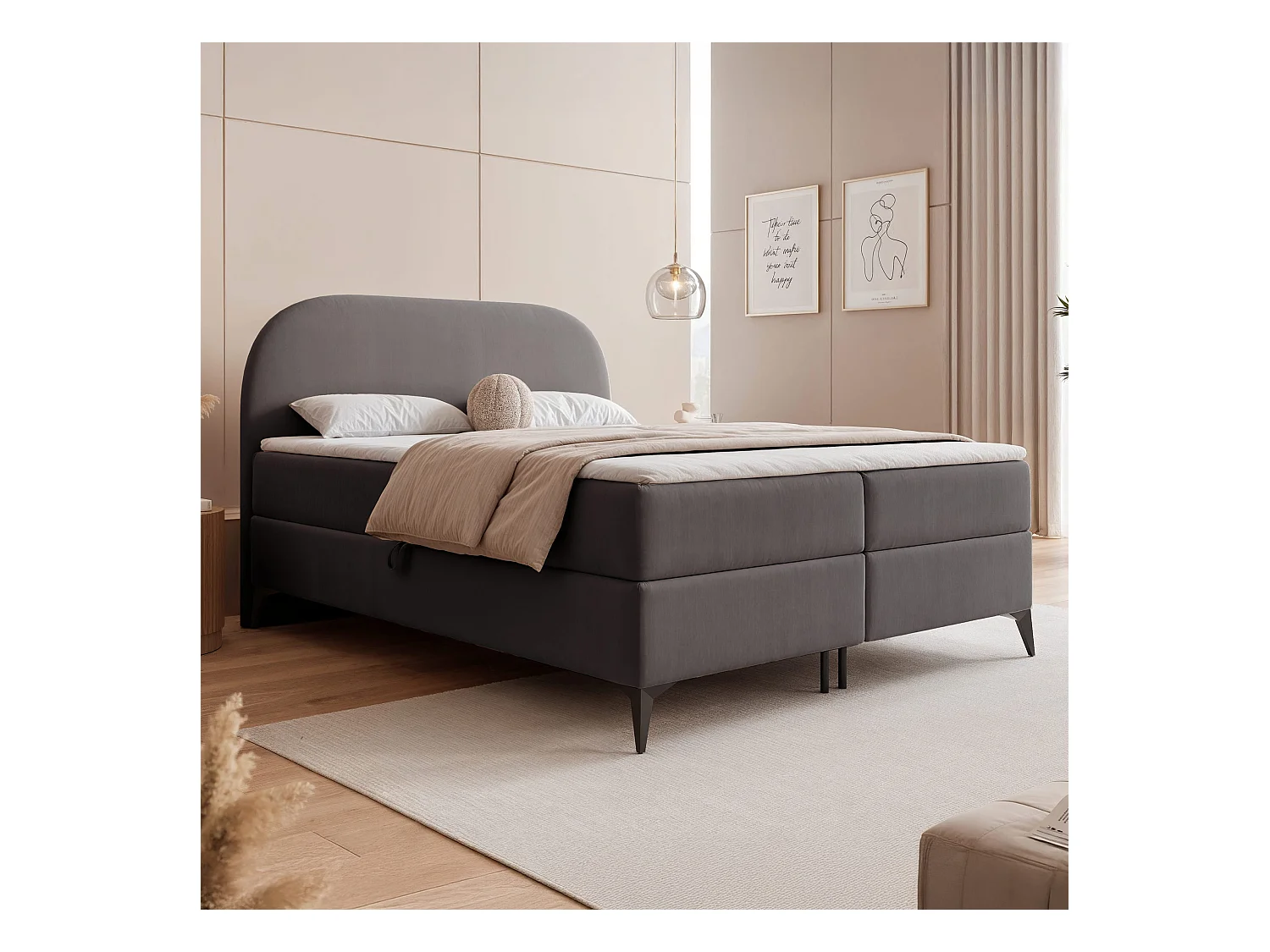 Lit continental rembourré sur pieds avec surmatelas, gris anthracite - 180x200 - NOELIA