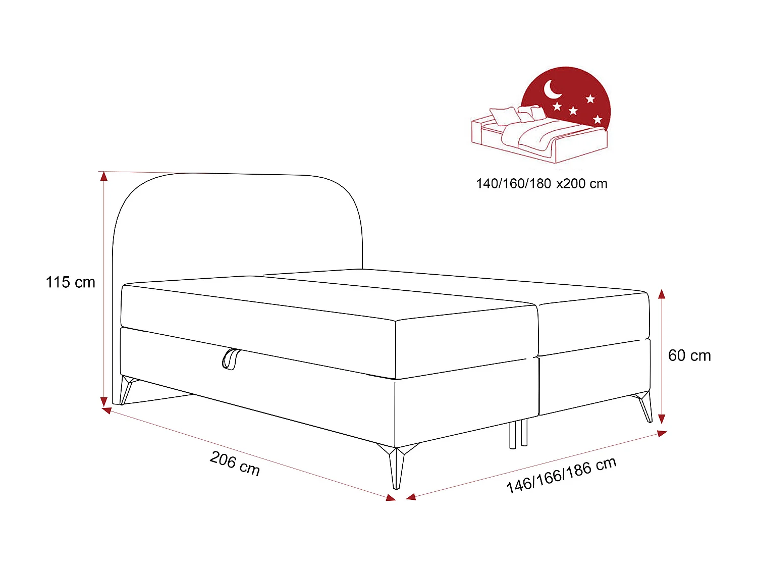Lit continental rembourré sur pieds avec surmatelas, gris anthracite - 180x200 - NOELIA