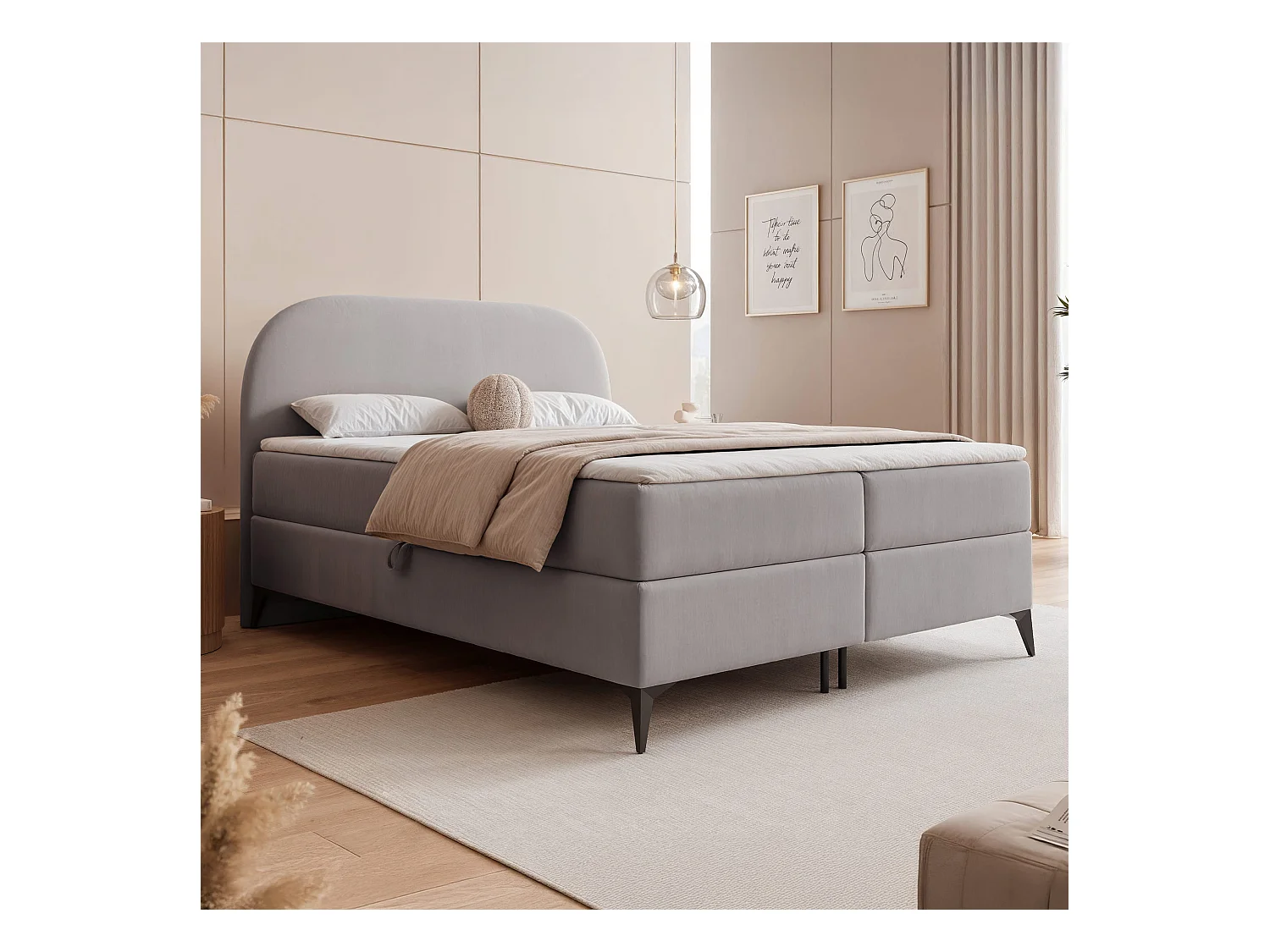 Lit continental rembourré sur pieds avec surmatelas, gris - 160x200 - NOELIA