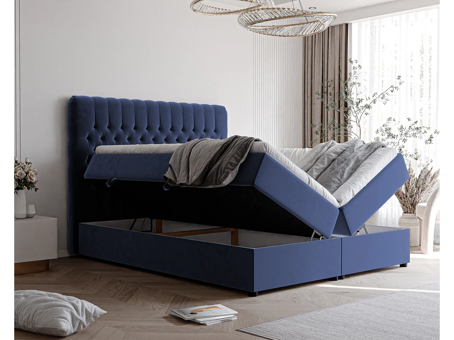 Lit continental rembourré avec matelas, bleu - 140x200