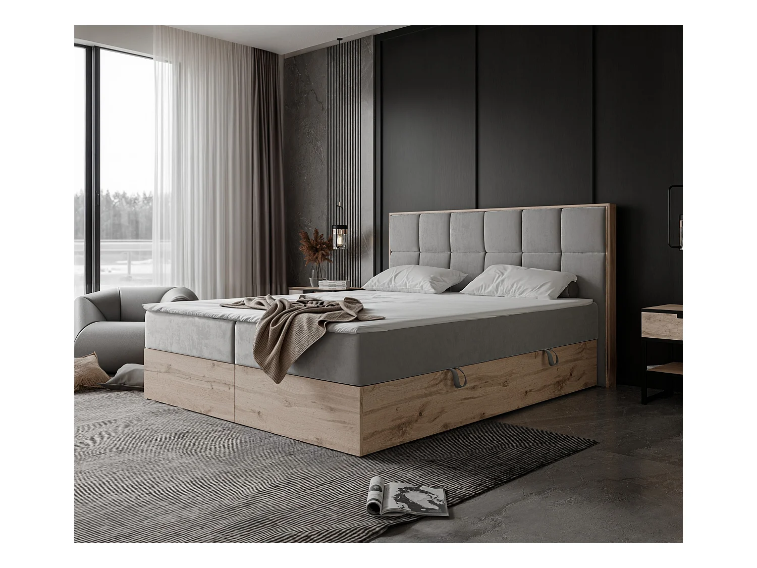 Lit continental rembourré avec surmatelas, gris clair - 140x200 - LAVIO II