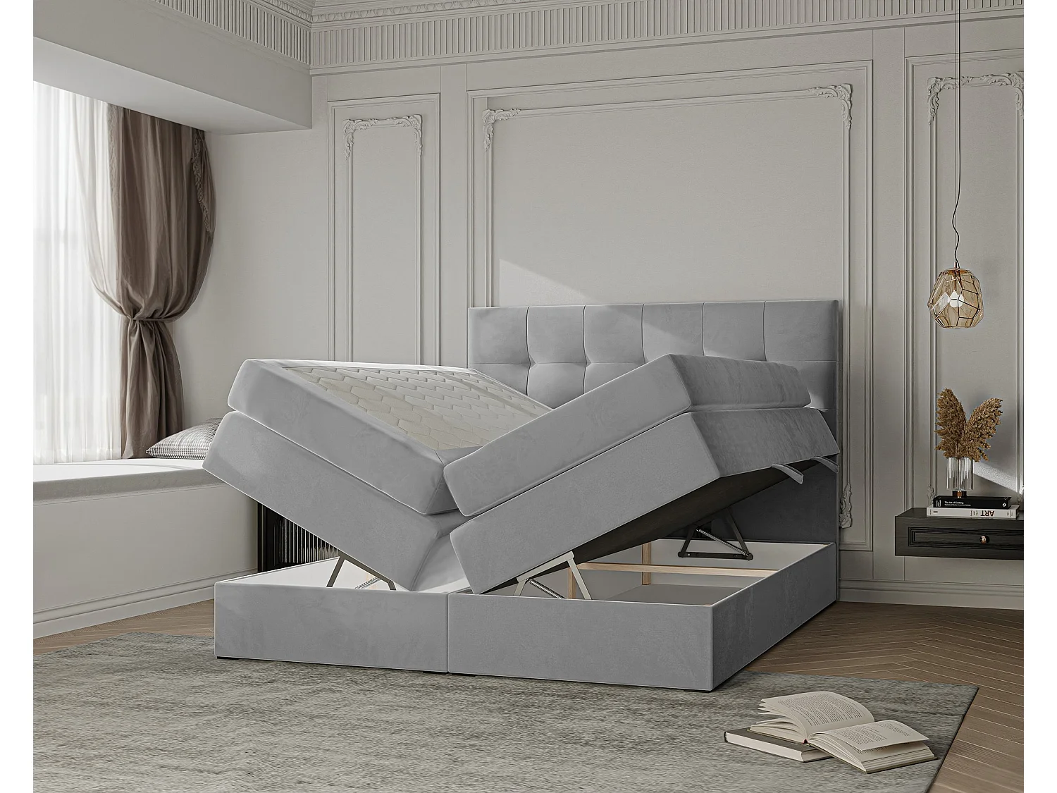 Lit continental rembourré avec surmatelas, gris - 120x200 - AZARIO