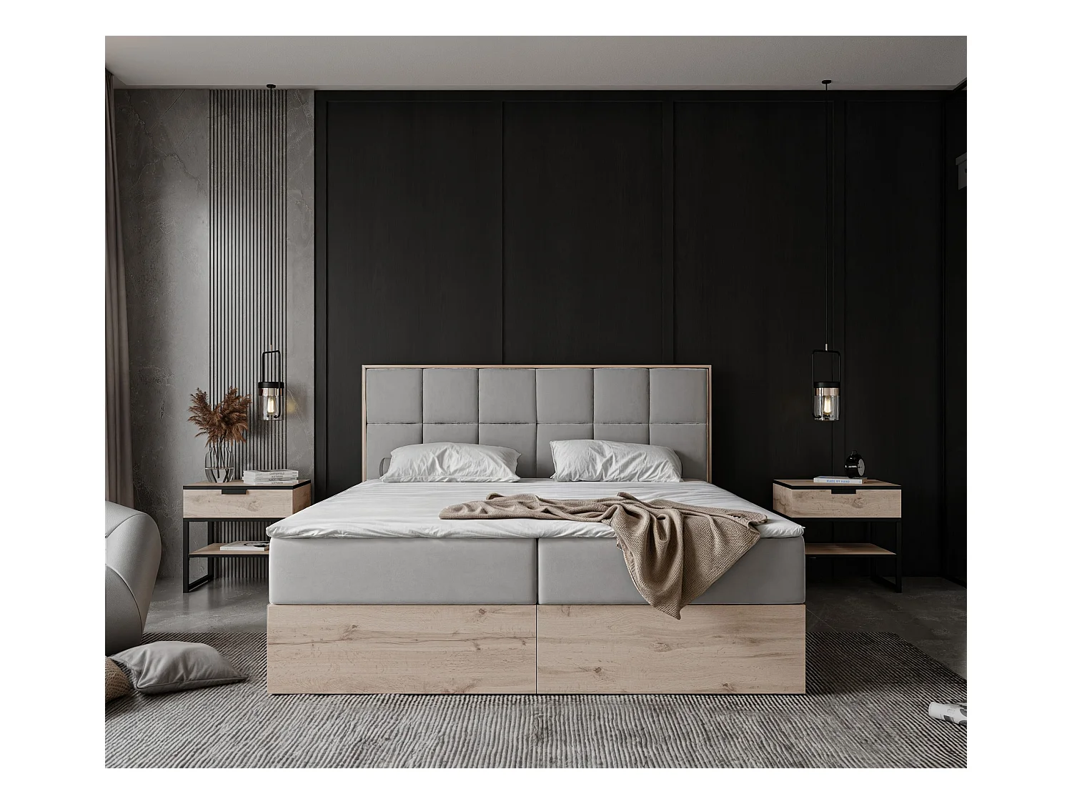 Lit continental rembourré avec surmatelas, gris clair - 200x200 - LAVIO II