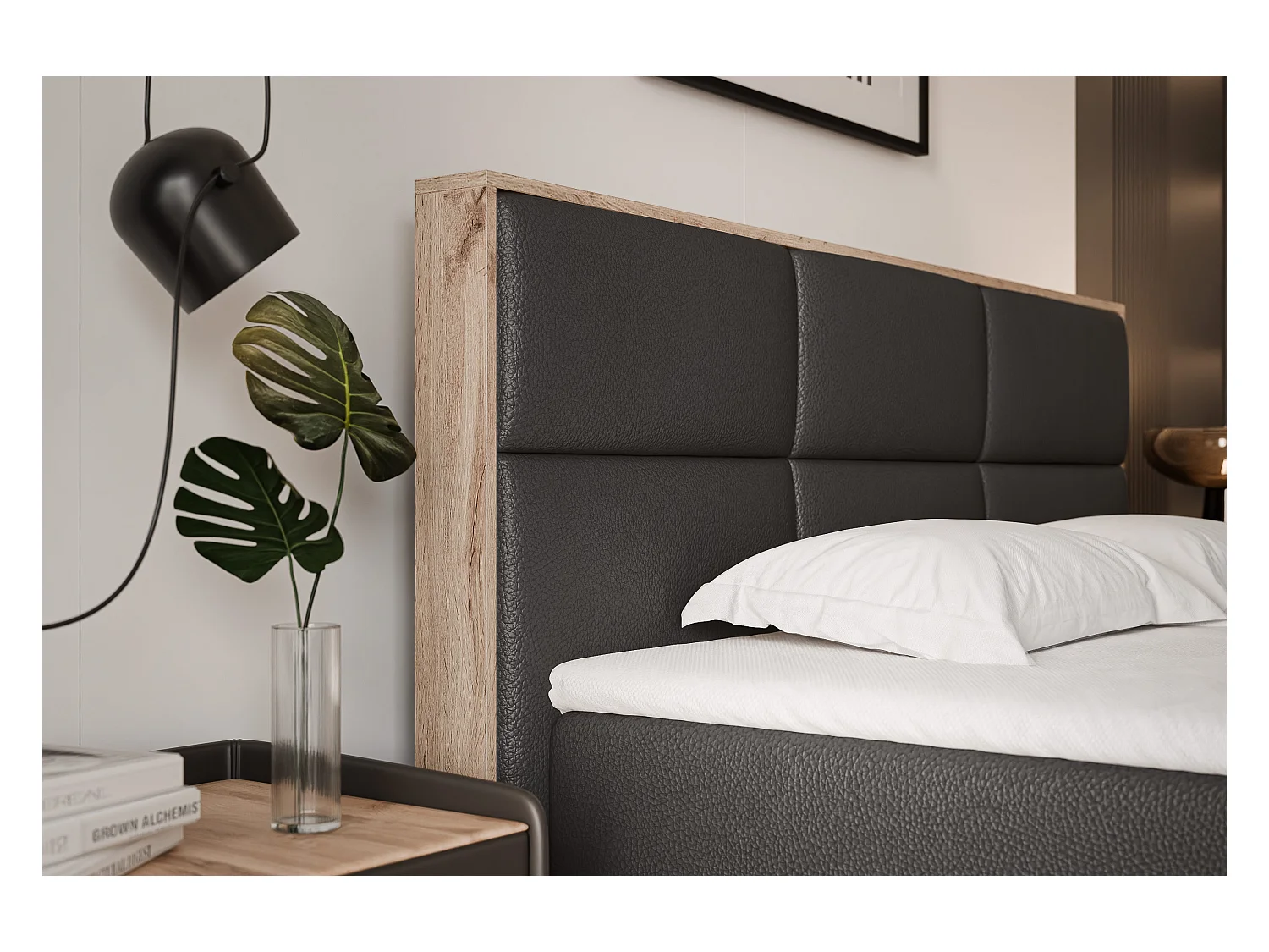 Lit continental rembourré avec surmatelas, noir  - 200x200 - LAVIO