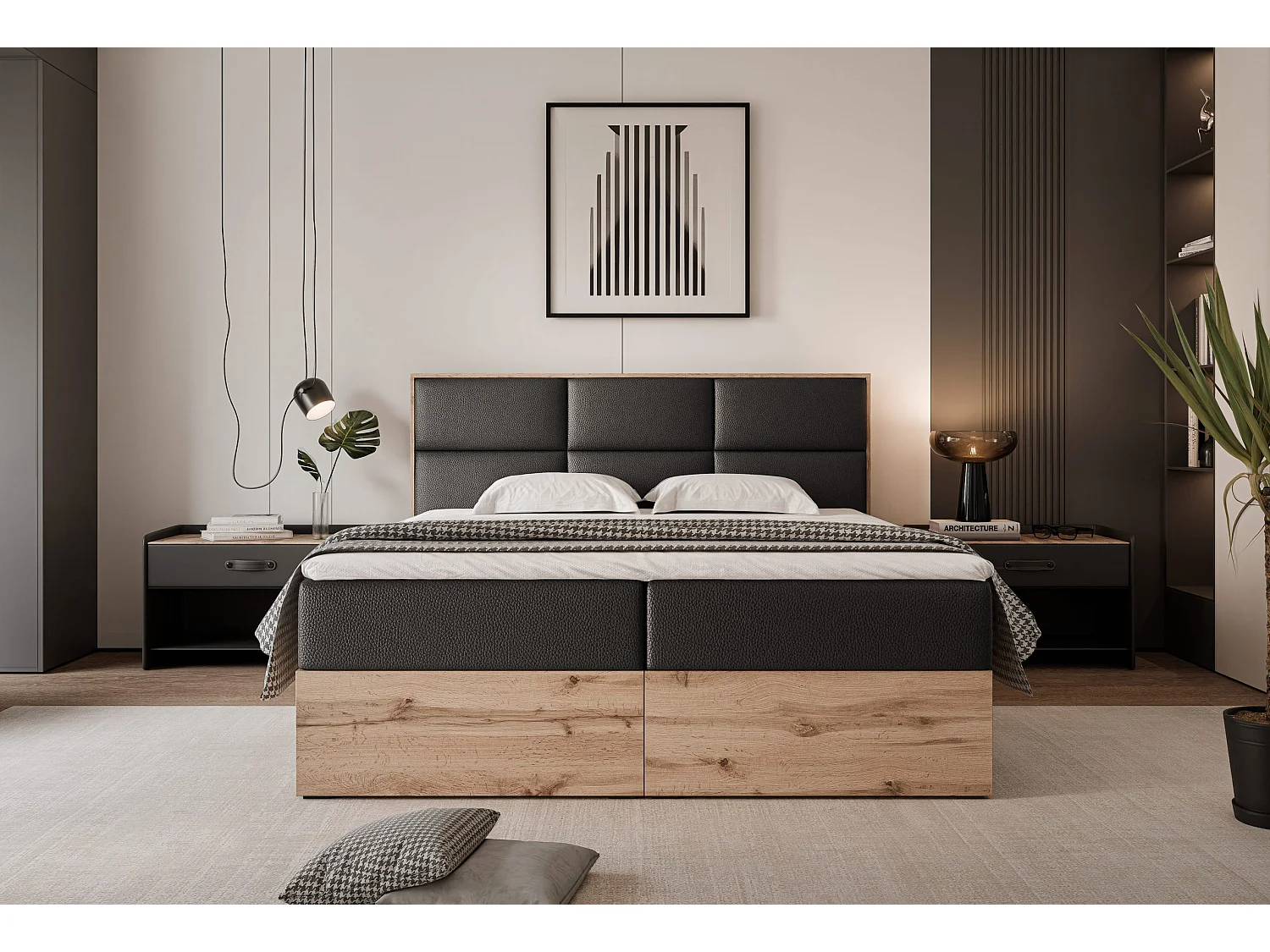 Lit continental rembourré avec surmatelas, noir  - 200x200 - LAVIO