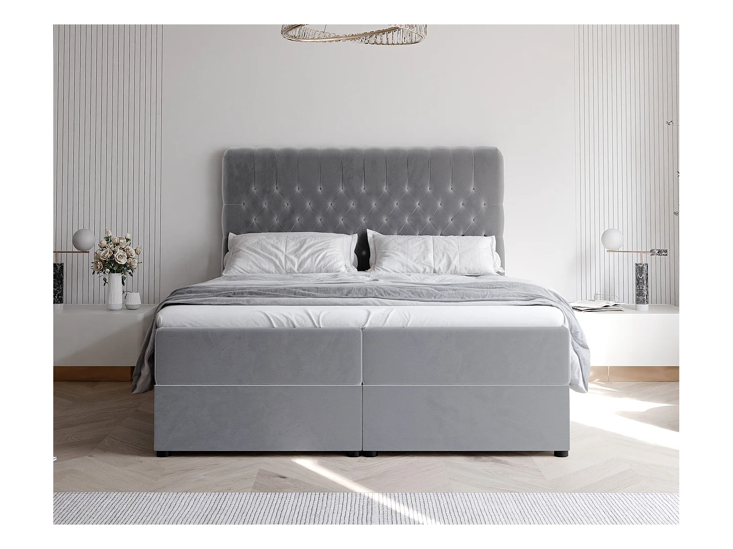 Lit continental rembourré avec matelas, gris clair - 200x200