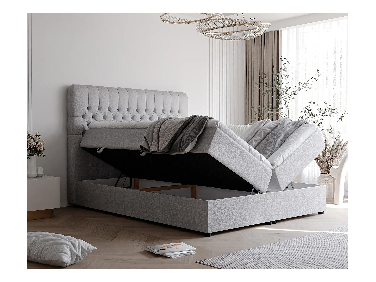 Lit continental rembourré avec matelas, gris  - 140x200