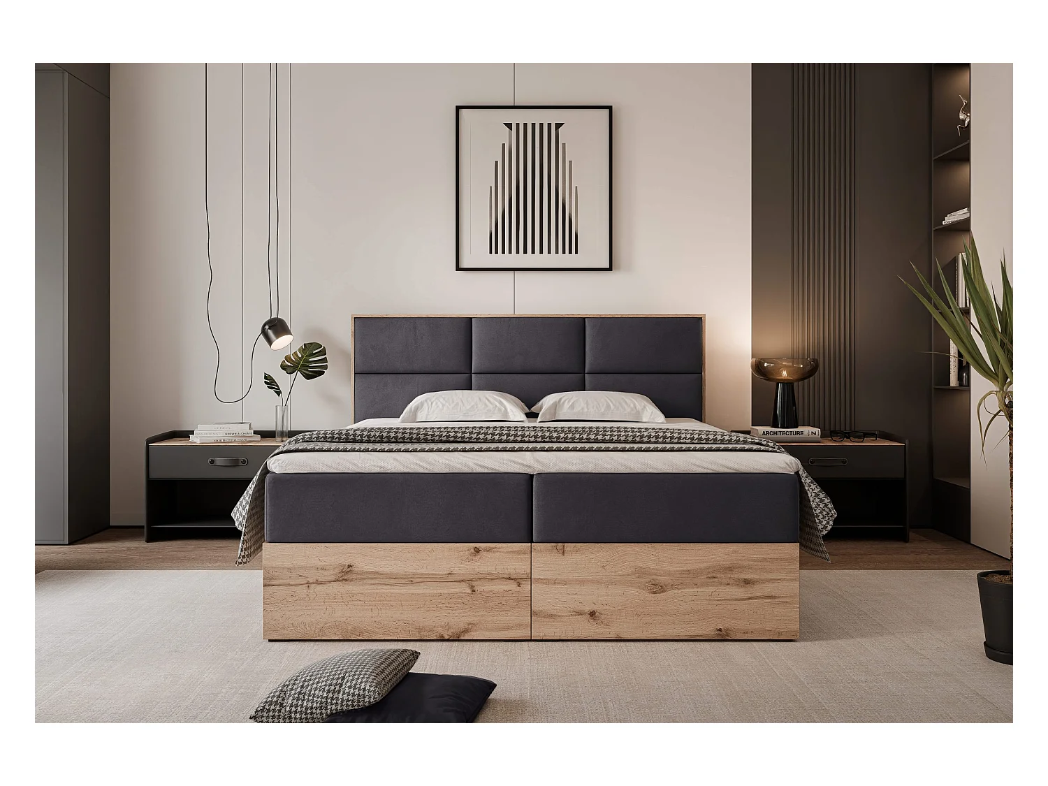 Lit continental rembourré avec surmatelas, gris anthracite - 160x200 - LAVIO