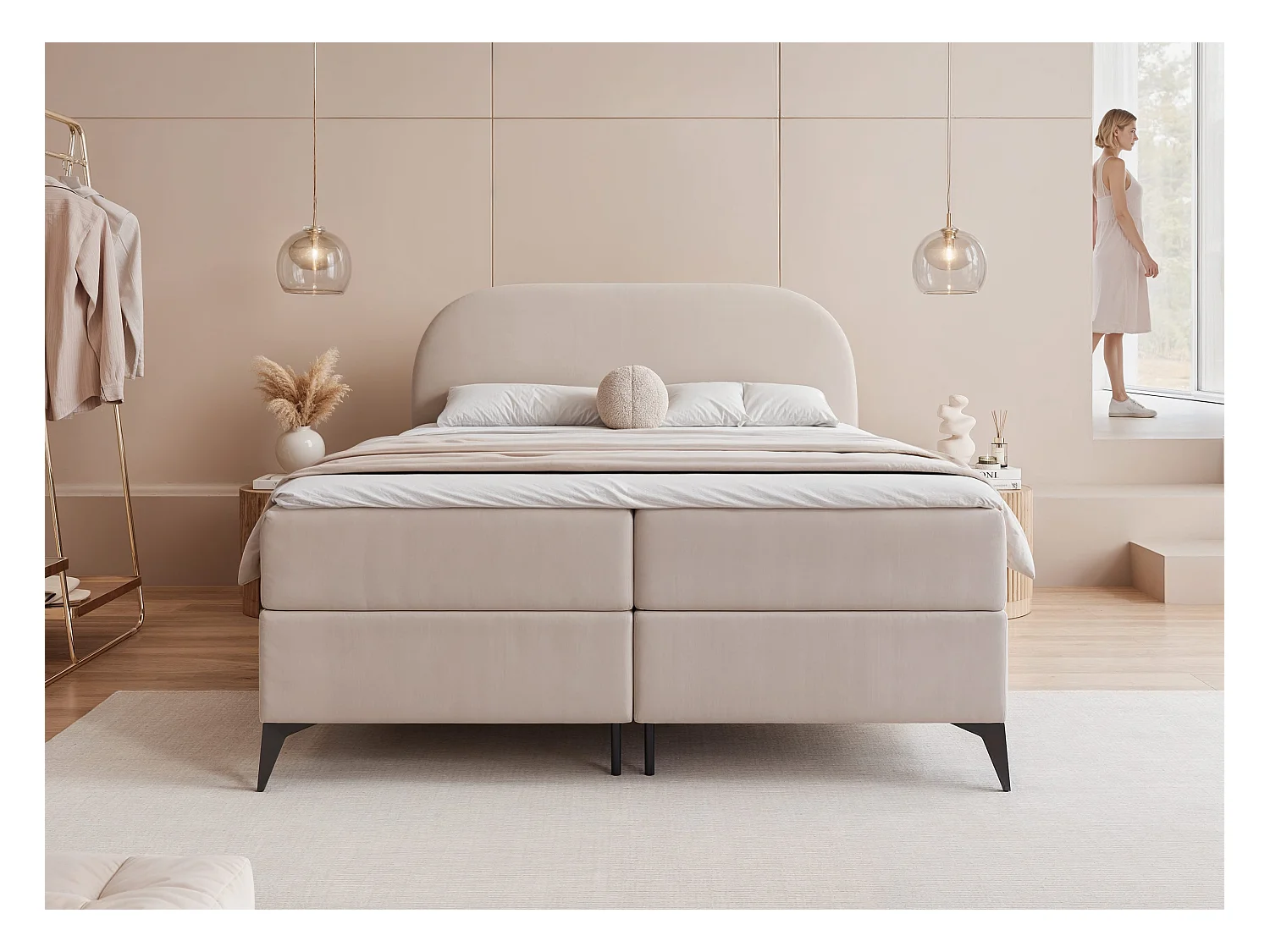 Lit continental rembourré sur pieds avec surmatelas, crème - 140x200 - NOELIA