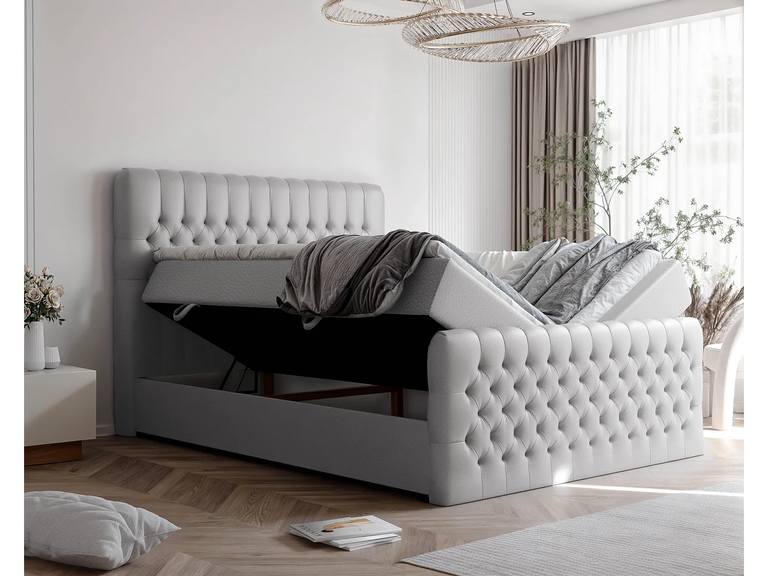 Lit continental rembourré avec matelas, gris  - 160x200