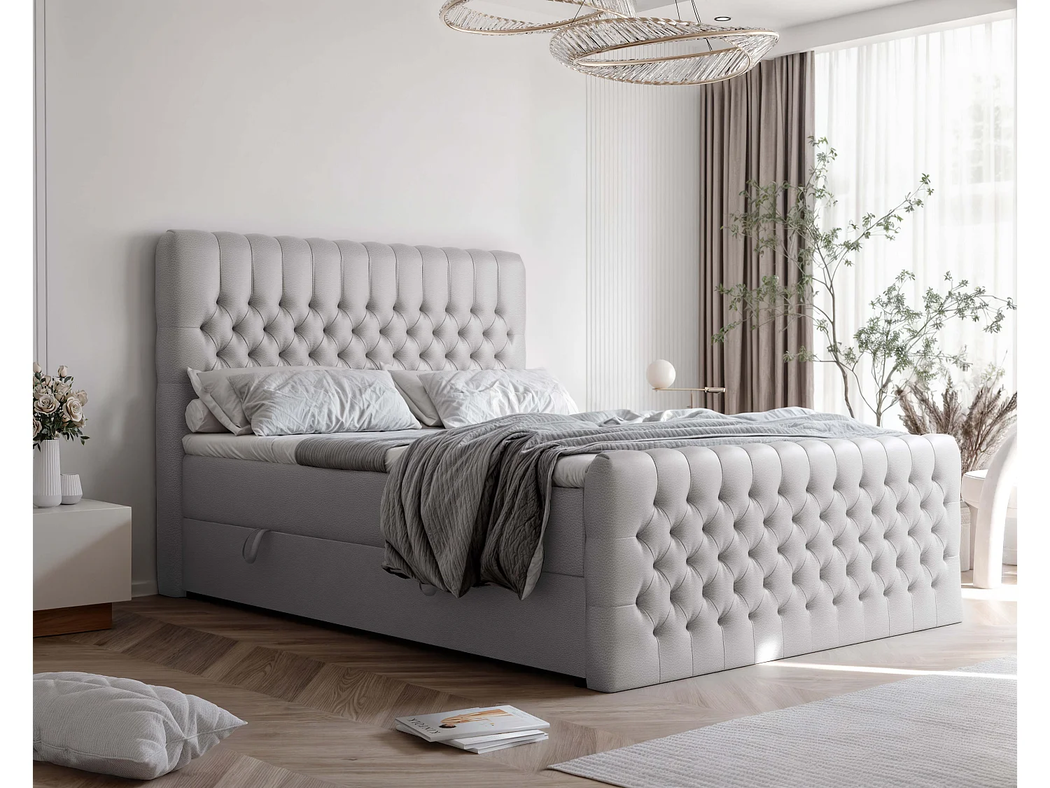 Lit continental rembourré avec matelas, gris  - 160x200