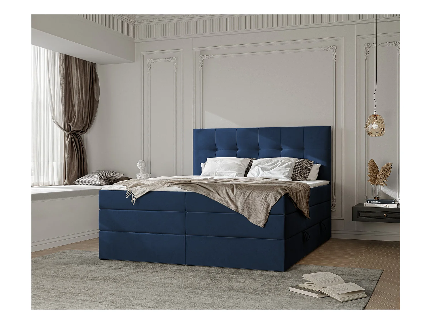 Lit continental rembourré avec surmatelas, bleu - 200x200 - AZARIO