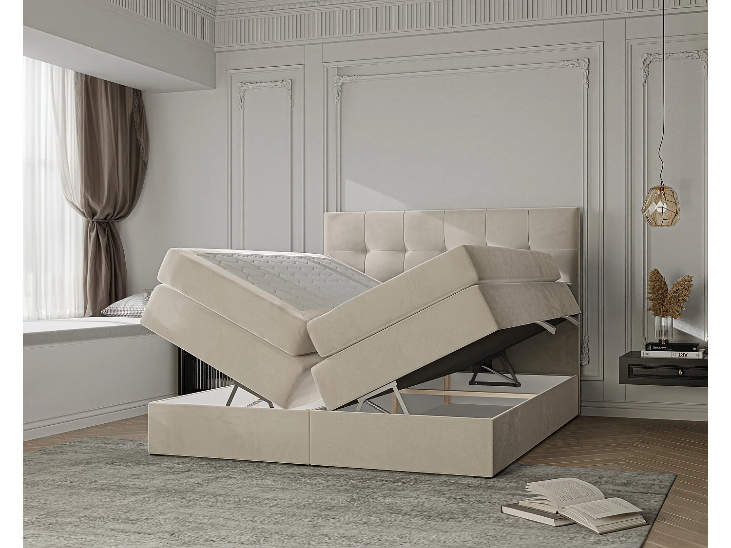 Lit continental rembourré avec surmatelas, crème - 180x200 - AZARIO