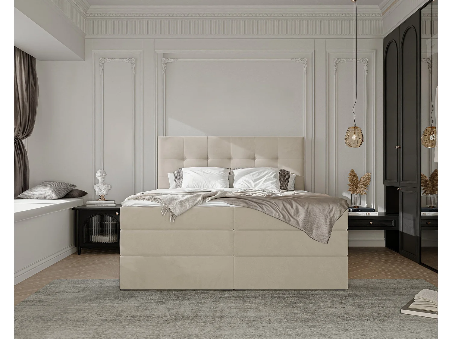 Lit continental rembourré avec surmatelas, crème - 180x200 - AZARIO