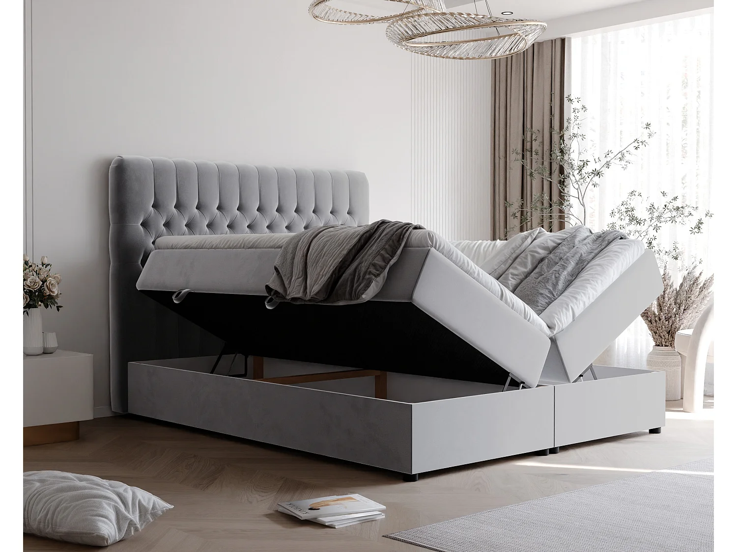 Lit continental rembourré avec matelas, gris clair - 160x200