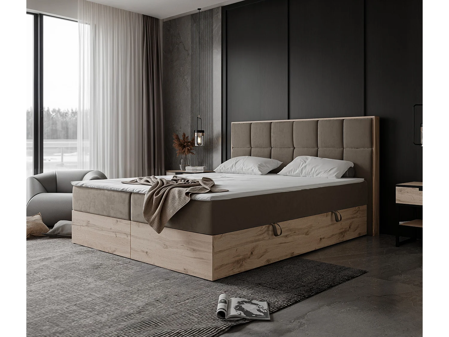 Lit continental rembourré avec surmatelas, marron - 160x200 - LAVIO II