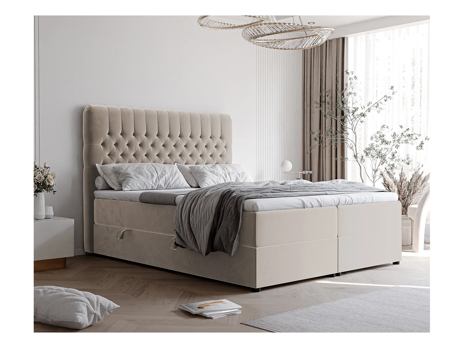 Lit continental rembourré avec matelas, beige - 160x200