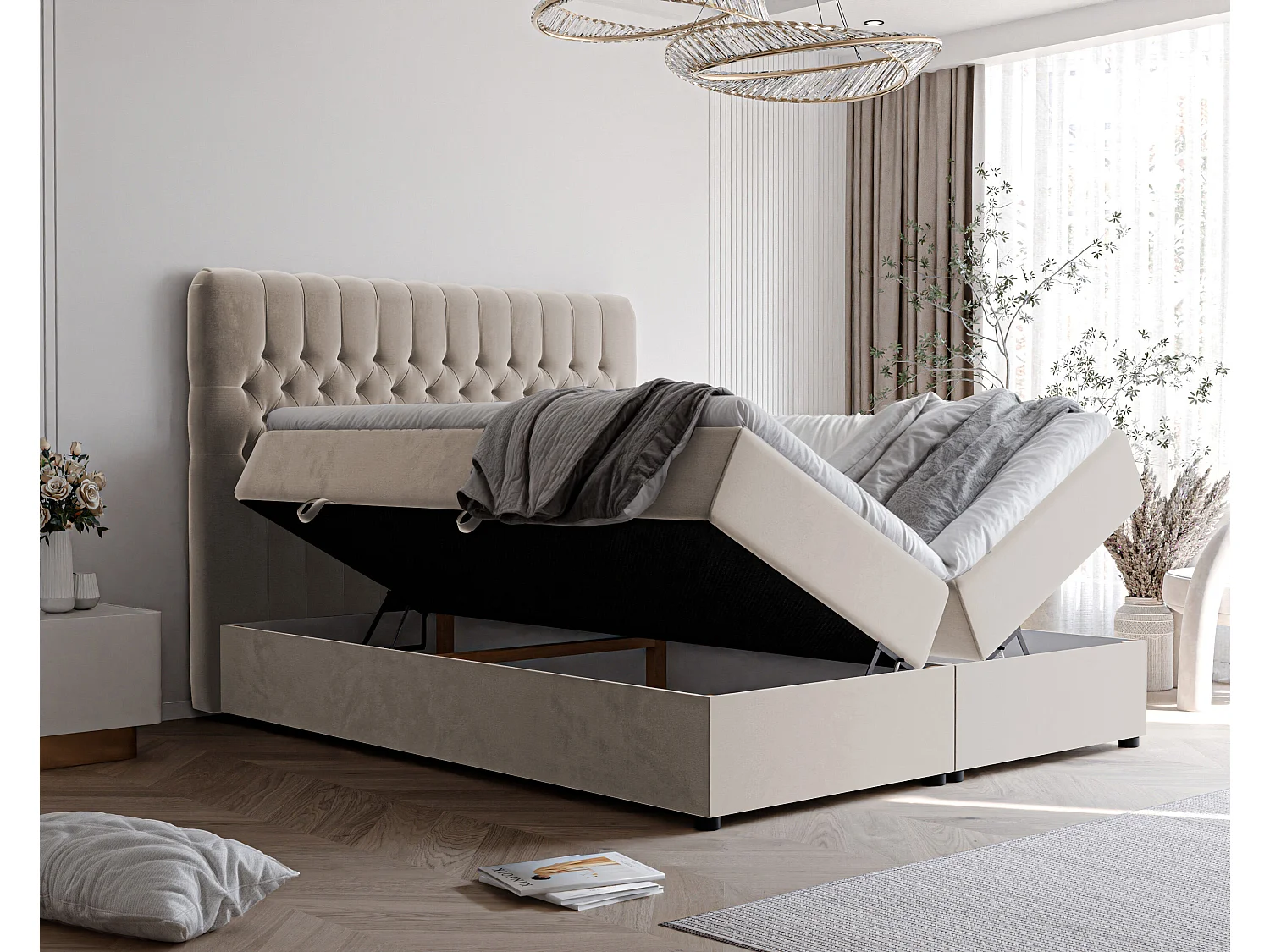 Lit continental rembourré avec matelas, beige - 160x200