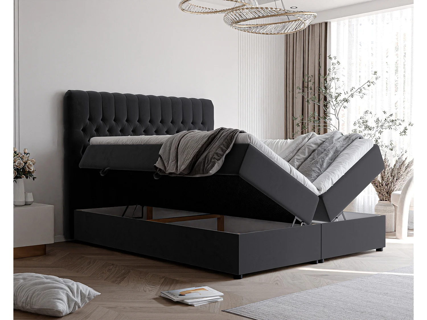 Lit continental rembourré avec matelas, noir - 160x200