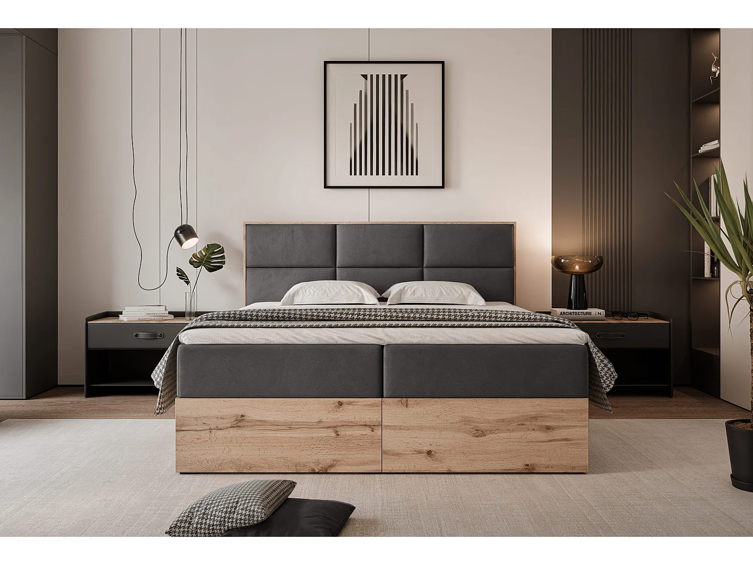 Lit continental rembourré avec surmatelas, gris anthracite - 120x200 - LAVIO