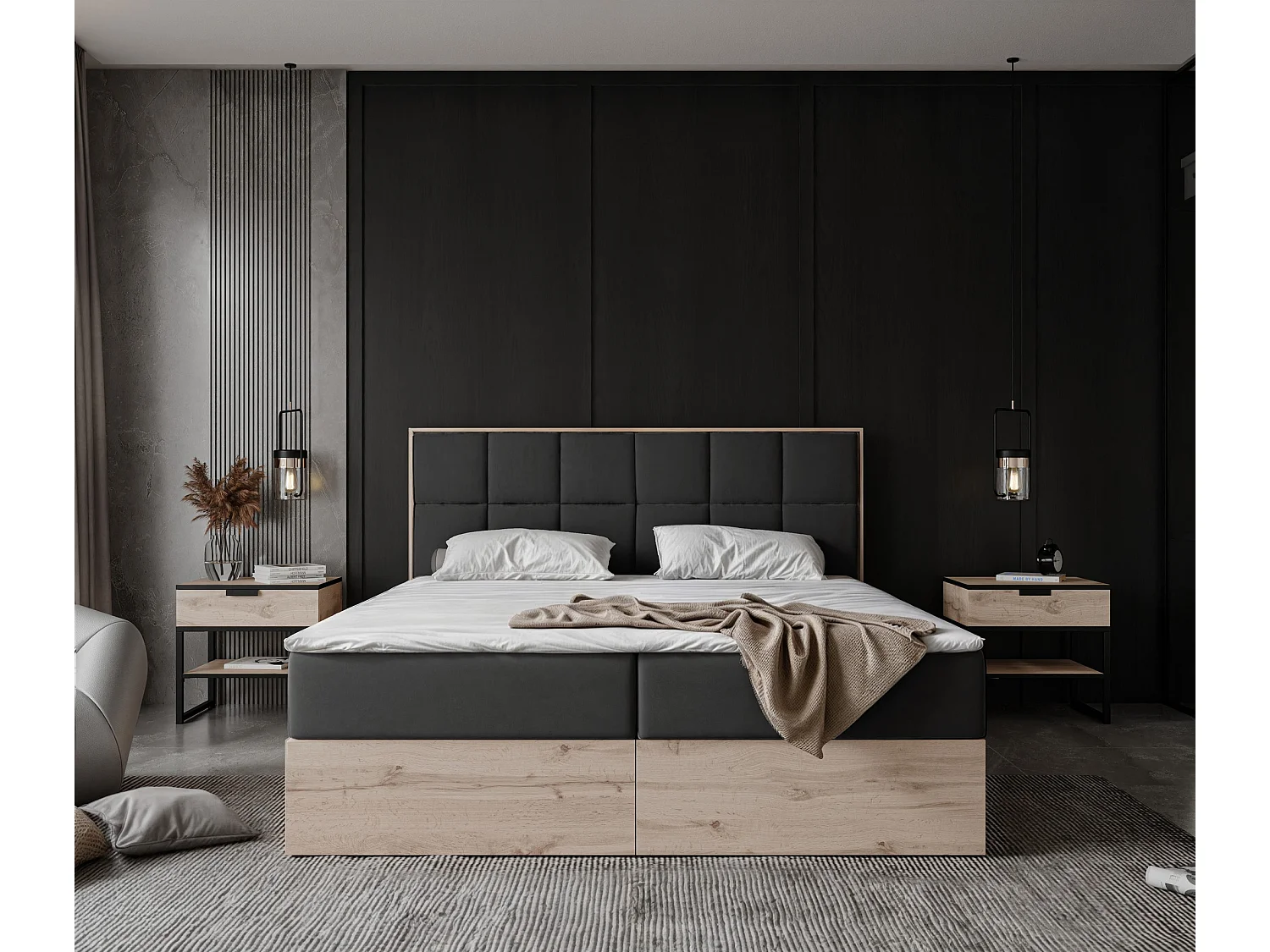 Lit continental rembourré avec surmatelas, noir - 120x200 - LAVIO II