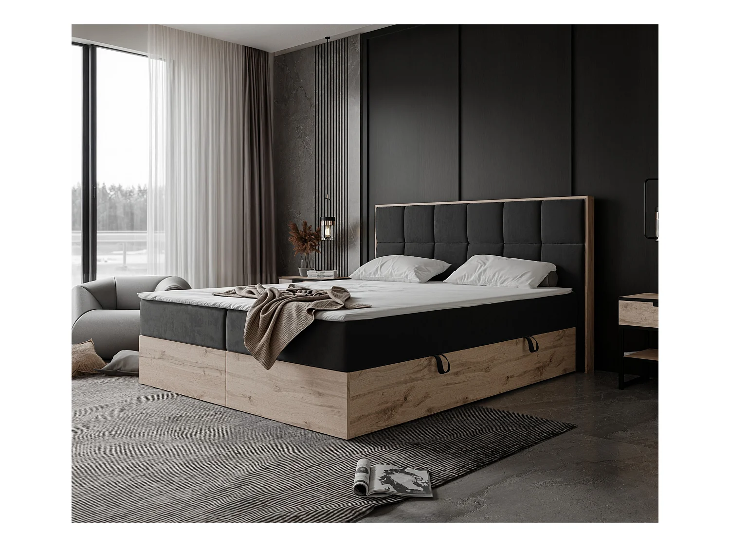 Lit continental rembourré avec surmatelas, noir - 200x200 - LAVIO II