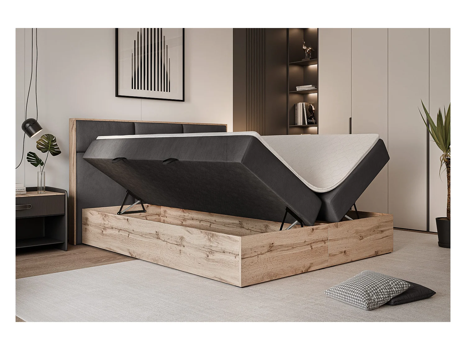 Lit continental rembourré avec surmatelas, gris anthracite - 140x200 - LAVIO