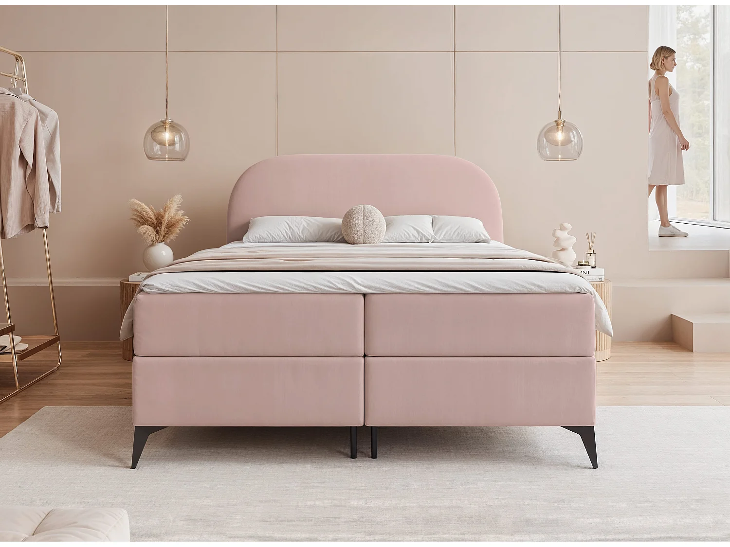 Lit continental rembourré sur pieds avec surmatelas, rose poudré - 160x200 - NOELIA