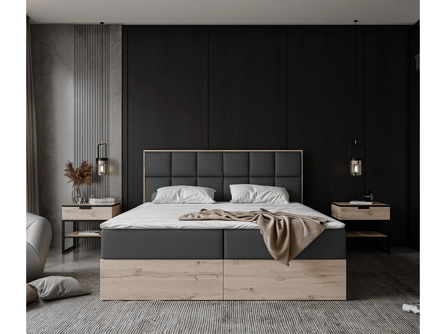 Lit continental rembourré avec surmatelas, noir  - 160x200 - LAVIO II