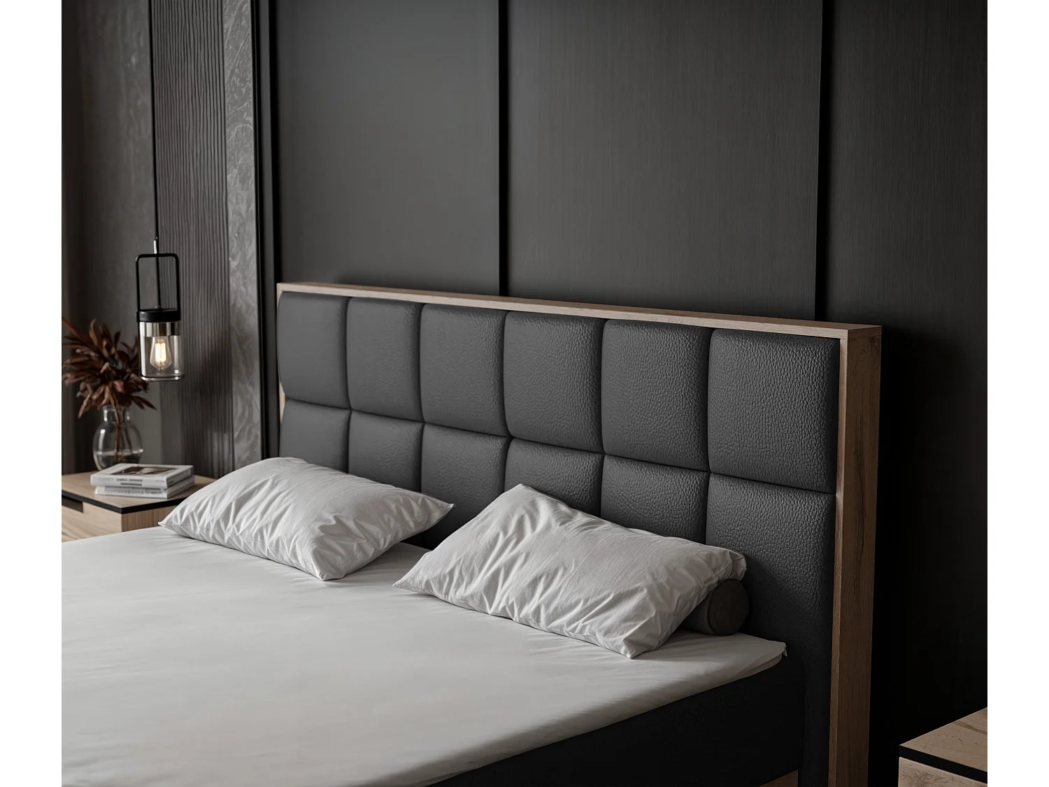 Lit continental rembourré avec surmatelas, noir  - 160x200 - LAVIO II