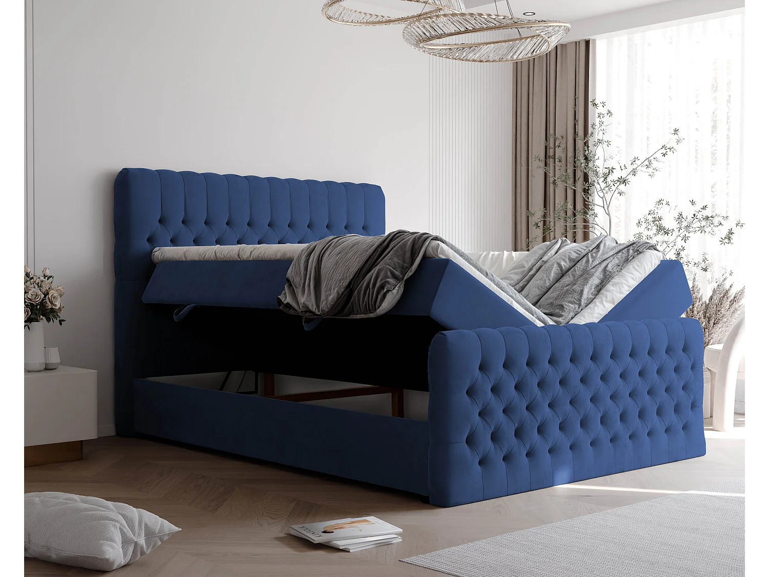 Lit continental rembourré avec matelas, bleu - 180x200
