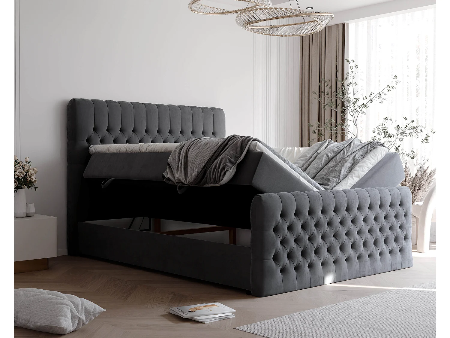 Lit continental rembourré avec matelas, gris anthracite - 160x200