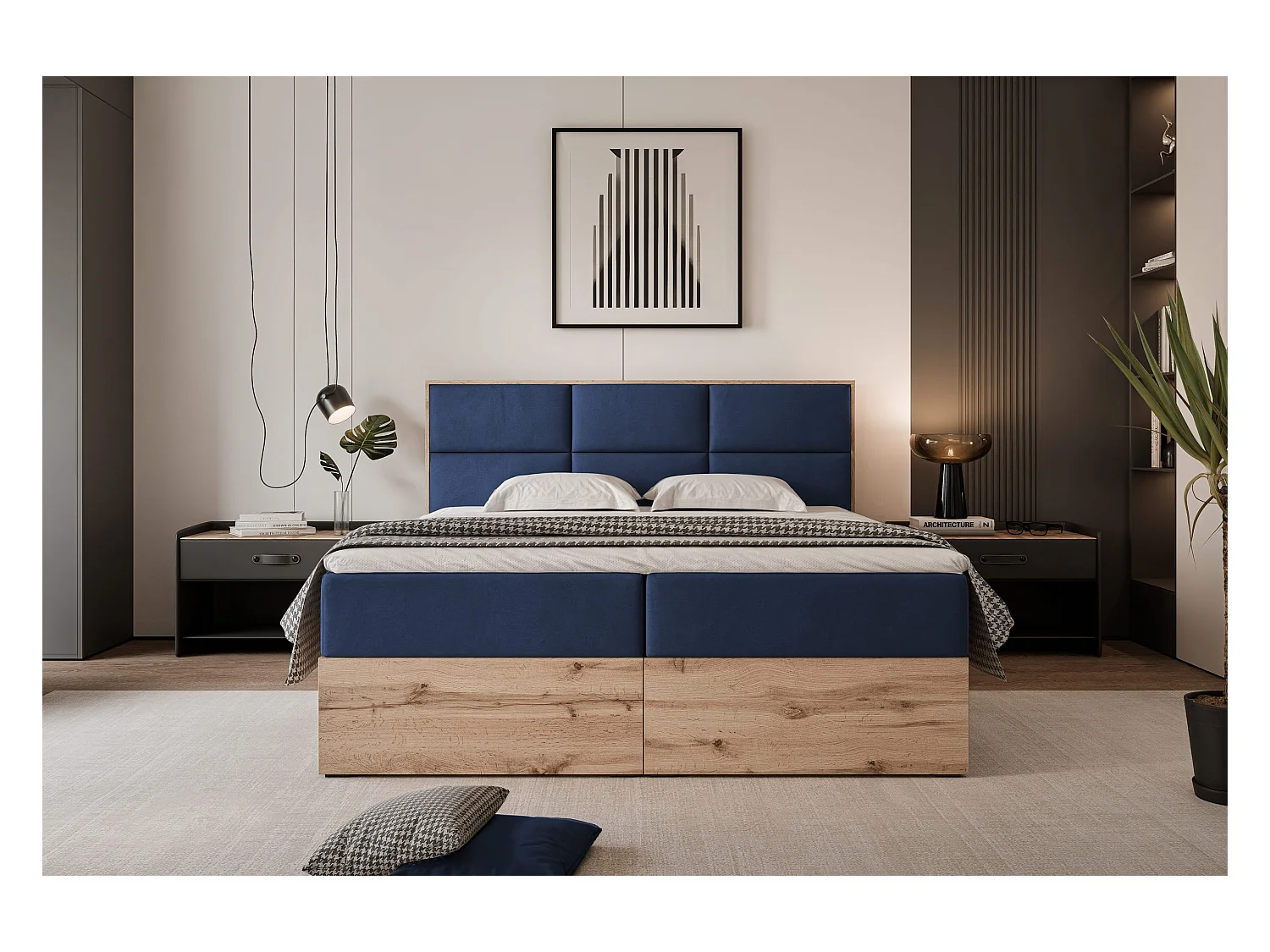 Lit continental rembourré avec surmatelas, bleu - 200x200 - LAVIO