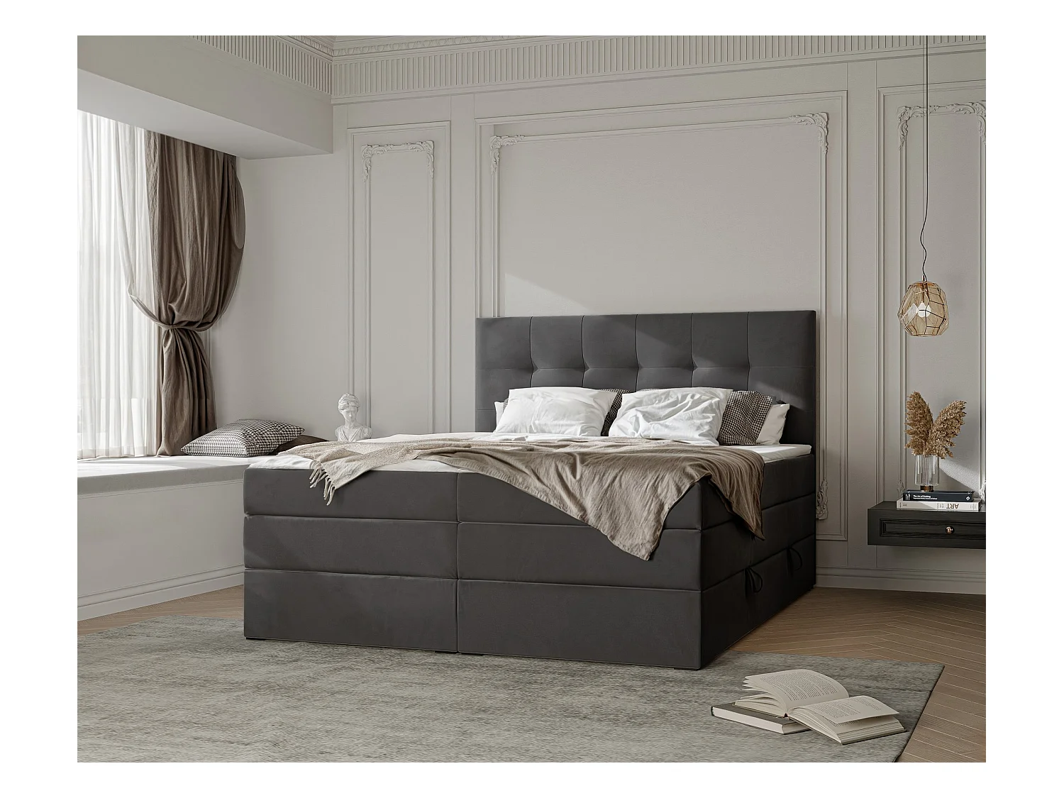 Lit continental rembourré avec surmatelas, gris anthracite - 180x200 - AZARIO