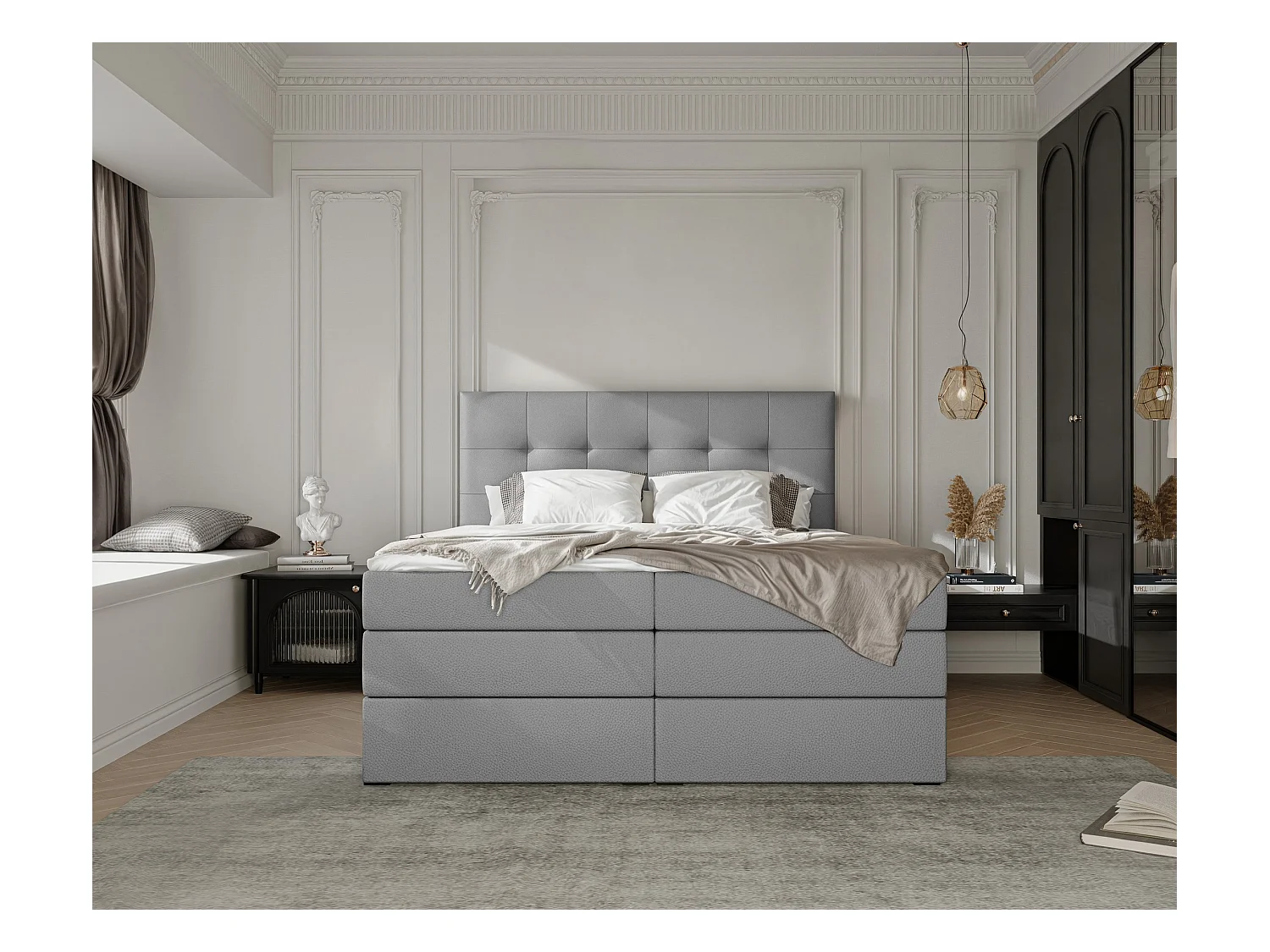 Lit continental rembourré avec surmatelas, gris  - 200x200 - AZARIO