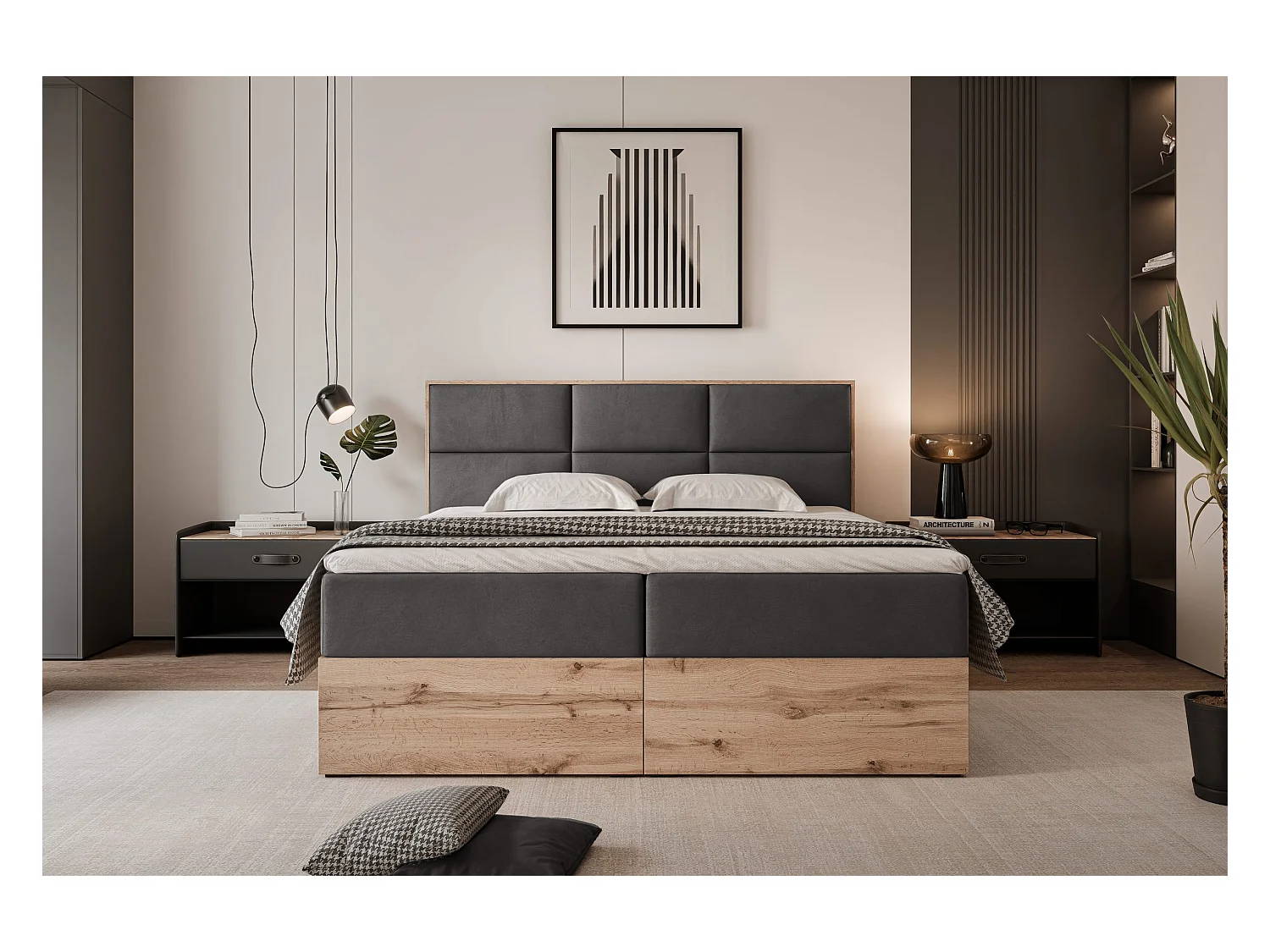 Lit continental rembourré avec surmatelas, gris anthracite - 200x200 - LAVIO