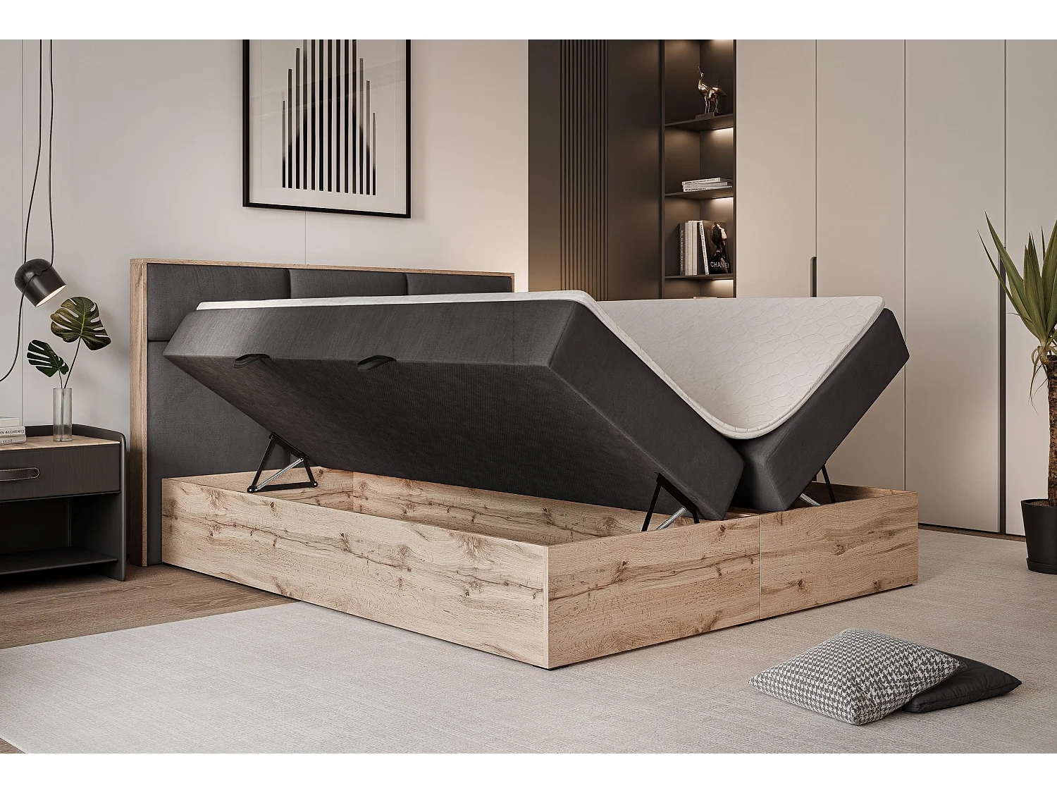 Lit continental rembourré avec surmatelas, gris anthracite - 200x200 - LAVIO