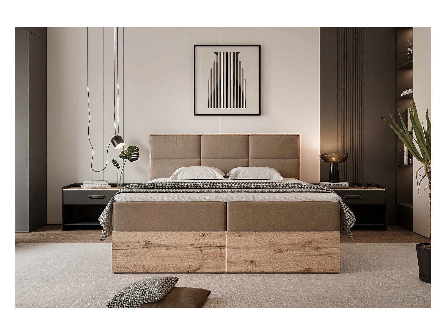 Lit continental rembourré avec surmatelas, marron - 160x200 - LAVIO