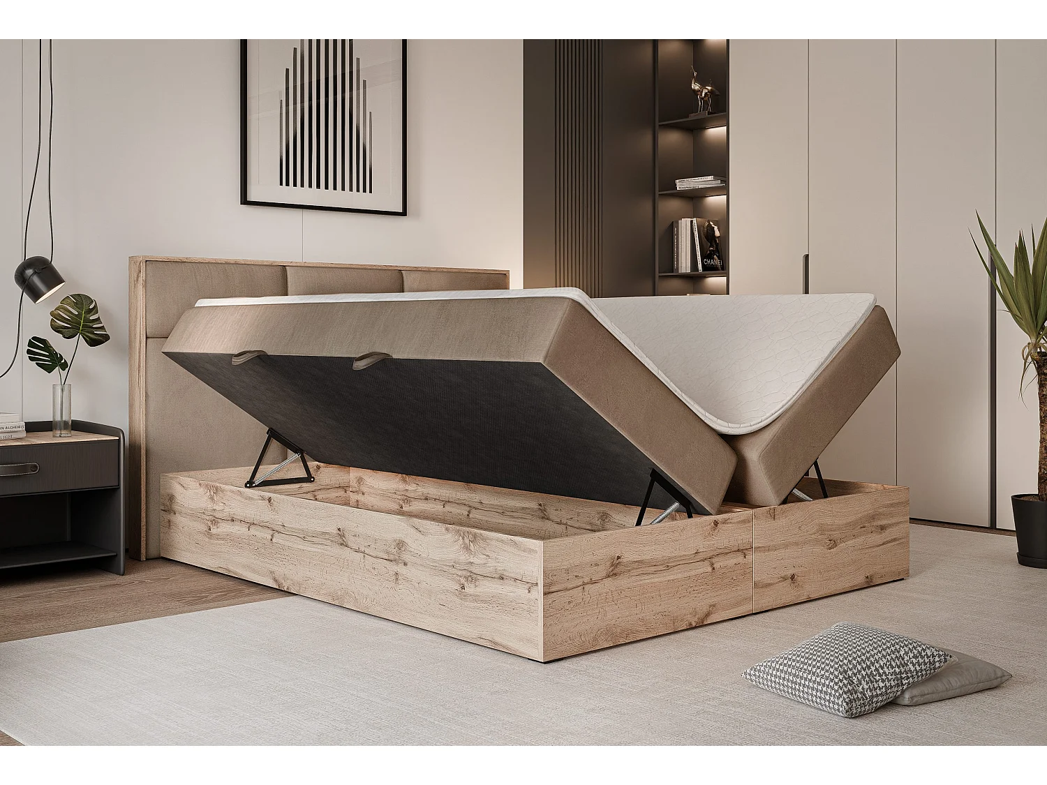 Lit continental rembourré avec surmatelas, marron - 160x200 - LAVIO