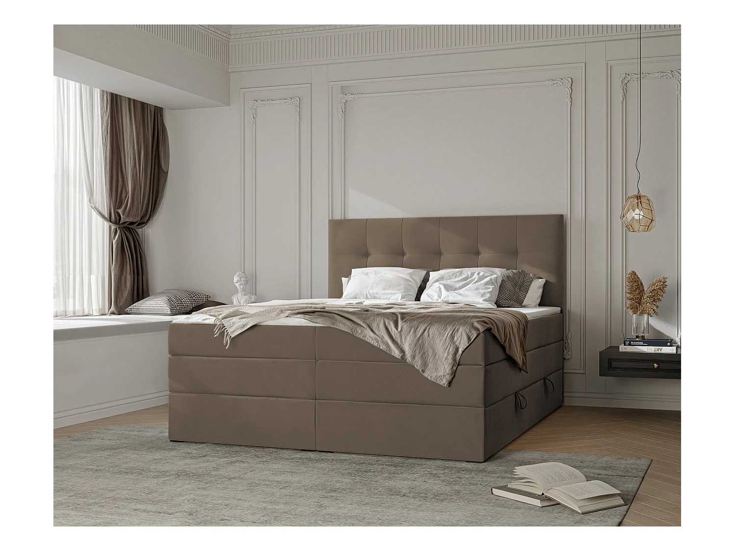 Lit continental rembourré avec surmatelas, marron - 160x200 - AZARIO