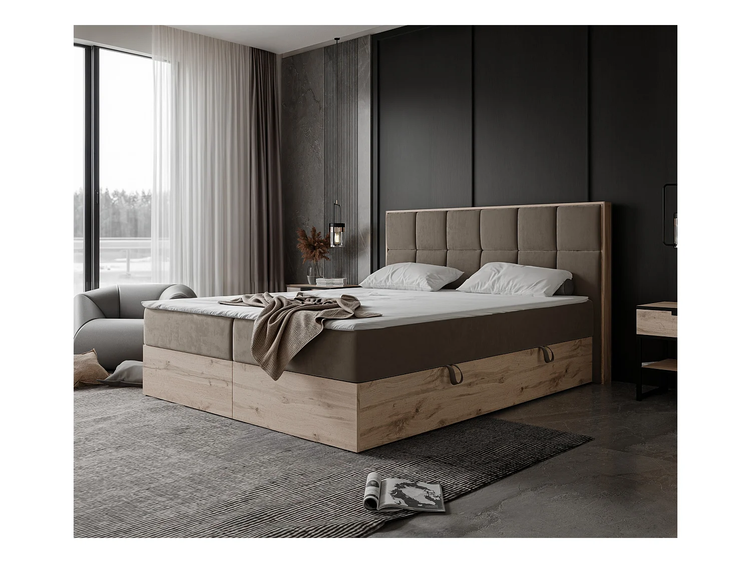 Lit continental rembourré avec surmatelas, marron - 180x200 - LAVIO II